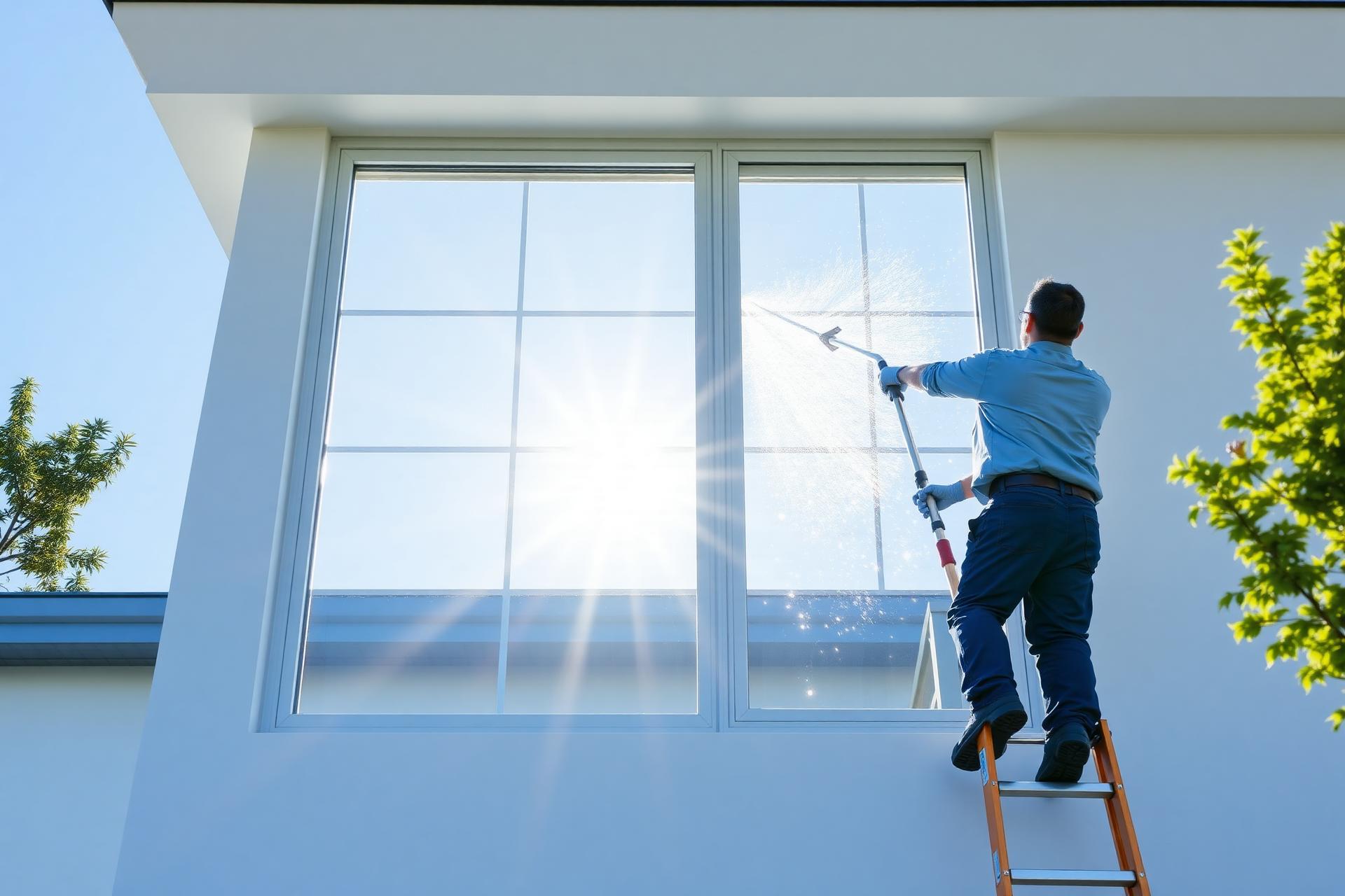 Professional cleaning a bright sunny window